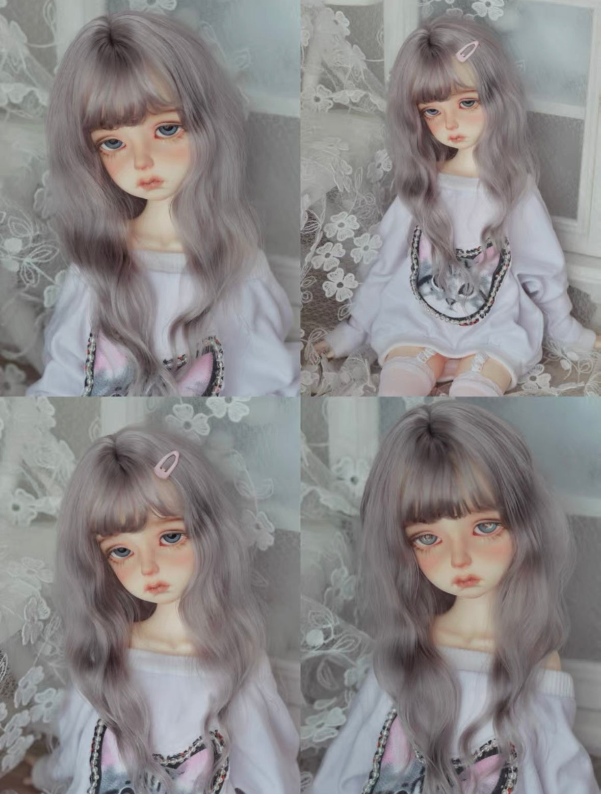 DongYu 1/3 1/4 1/6 Angora Mohair long wig silver grey